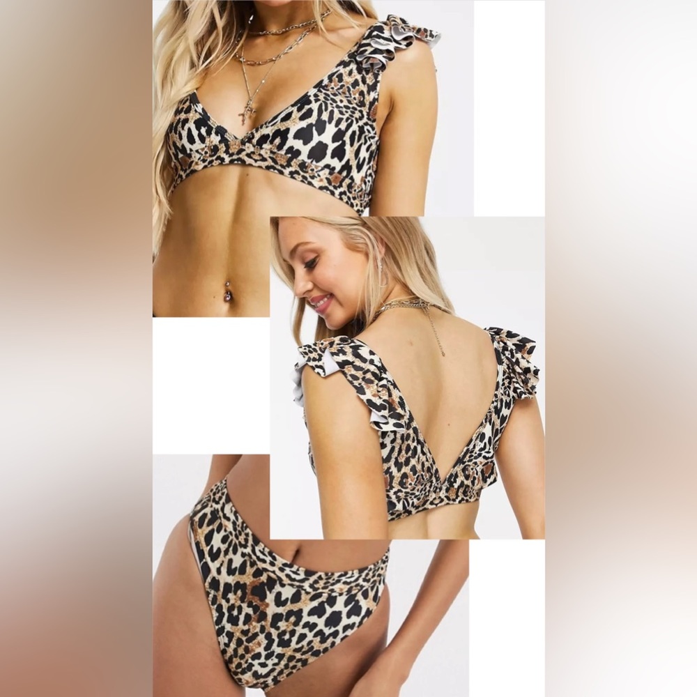 Missguided Leopard print bikini set: frill triangle top & high leg bottoms NWOT